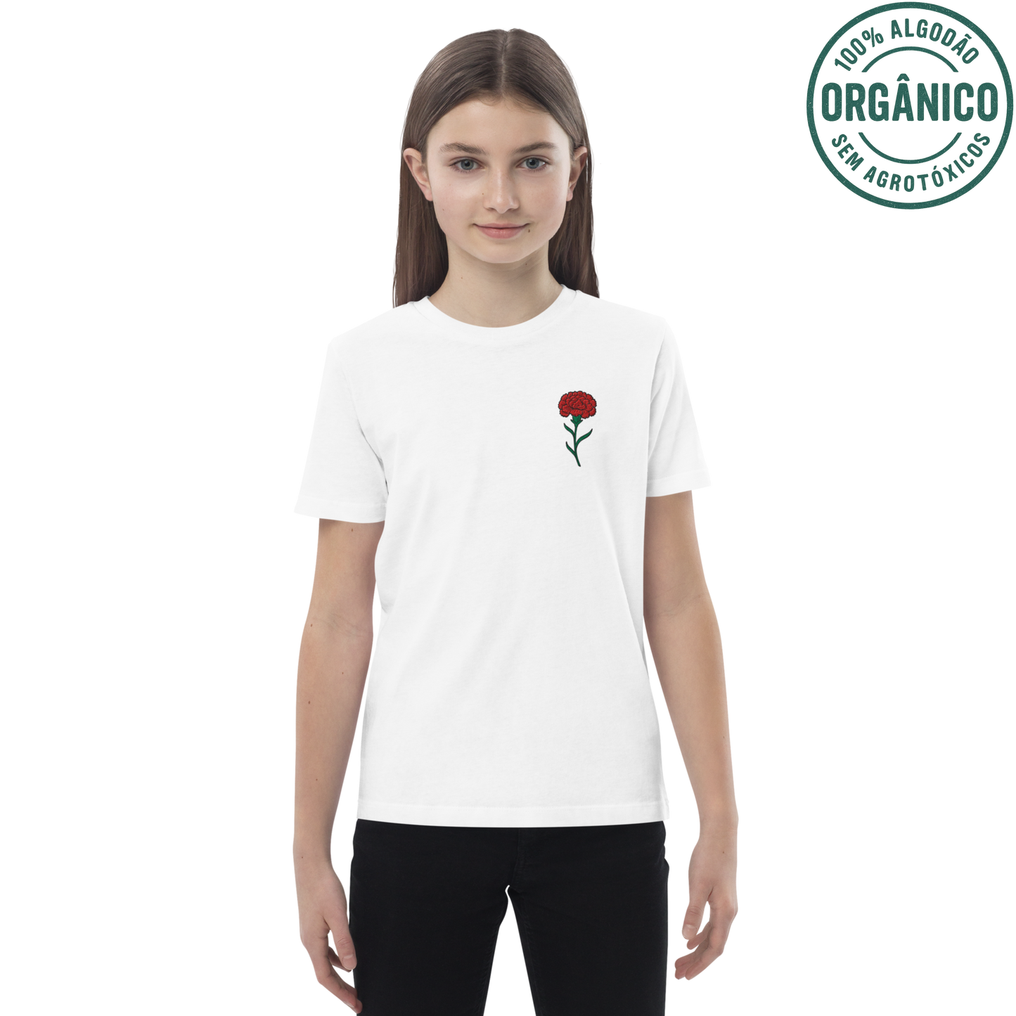 T-Shirt Criança Algodão Orgânico “Cravo Bordado” | Sustentável